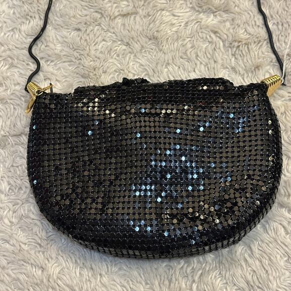 Vintage 80s Glam Black Metal Mesh Bow Purse Shoulder Handbag Chainmaille Gold - Picture 3 of 9